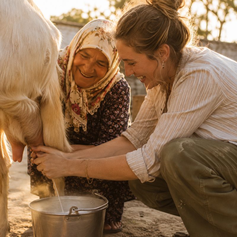 Traveler milking a goat at sunrise, laughing together with the host