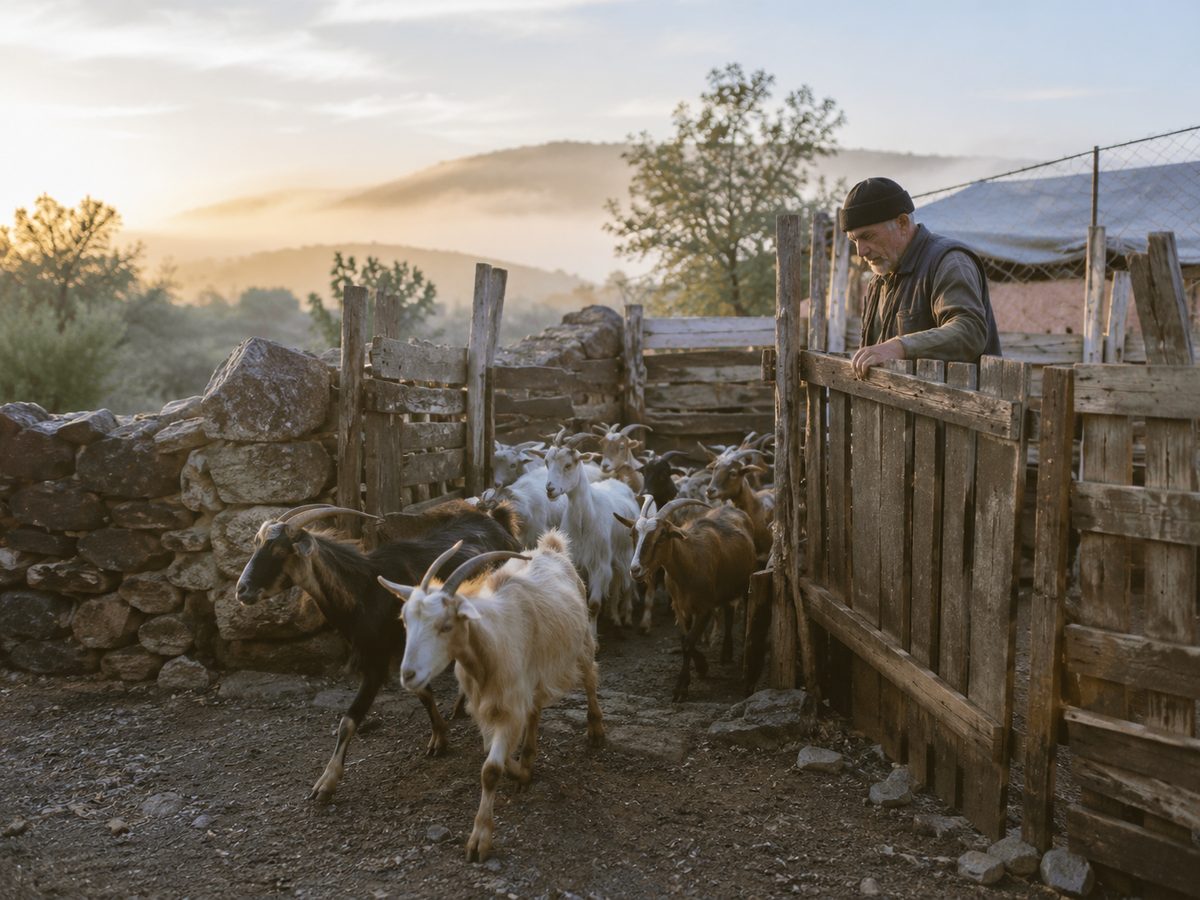 Farmer opening the gate to let goats out of the pen at sunrise, mist over the hills