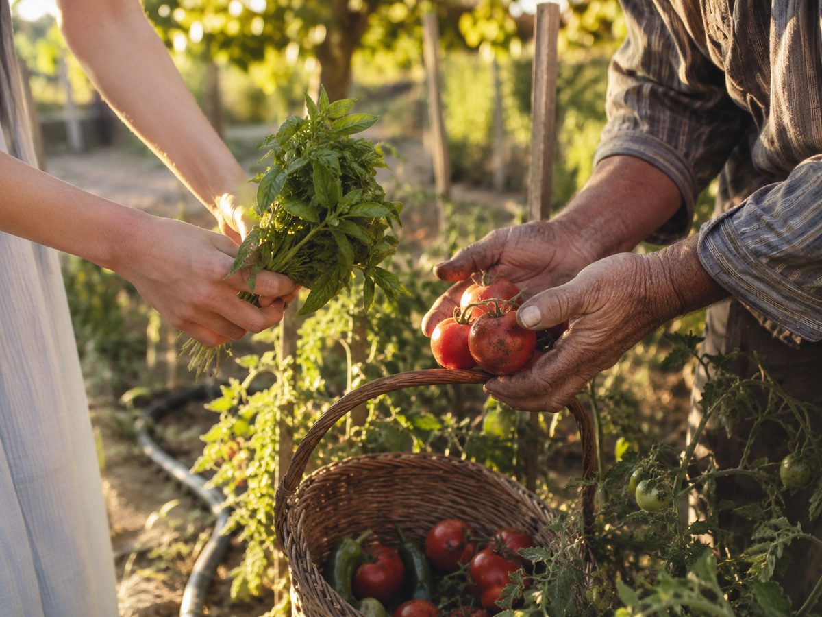 Guest and host hands exchanging fresh basil and tomatoes over a harvest basket