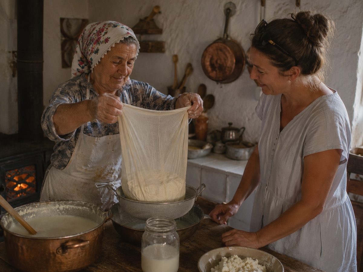 Host teaching a guest to strain fresh cheese curds in a cloth over a copper pot