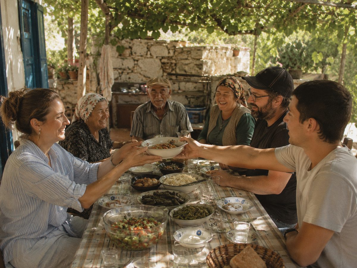 Family and guests passing dishes around a shared lunch table under a grapevine trellis