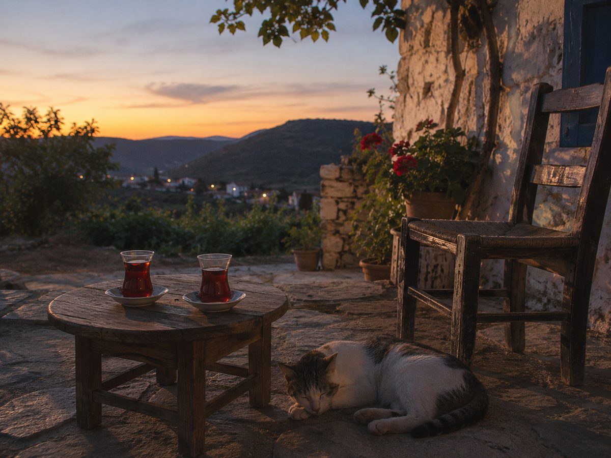 Two glasses of tea on a courtyard table at sunset with a sleeping cat and hills beyond